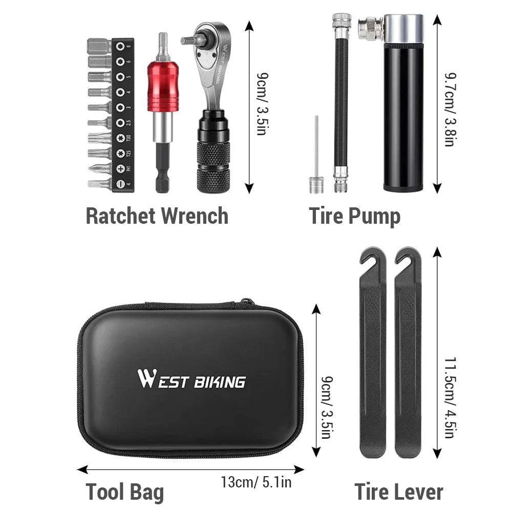 Bike Repair Kit Include Aluminum Alloy Ratchet Wrench Screw Bits Tire Pry Bar Tire Pump for Bicycle Maintenance-WAYBIKER