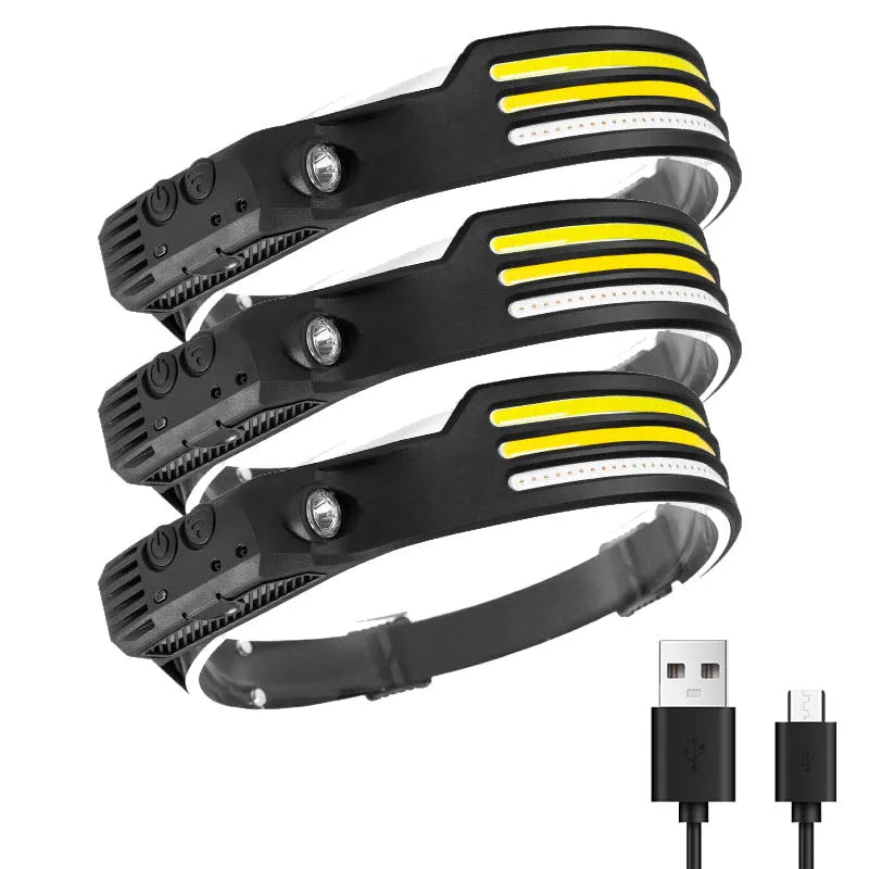 Multifunctional induction headlights 3 COB White red yellow light USB Rechargeable Head Torch 10 Lighting Modes Head Light-WAYBIKER