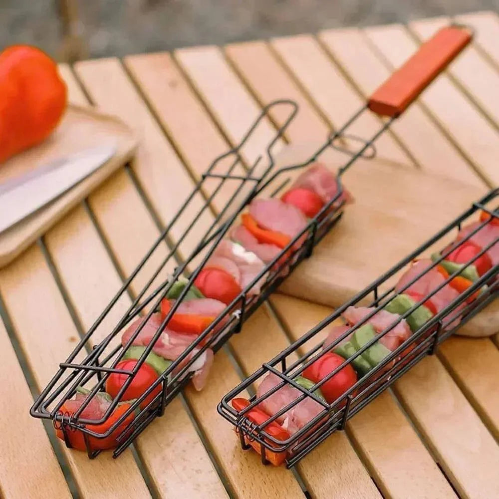 Outdoor Wooden Handle Barbecue Cage Camping Meat and Vegetable Barbecue Net Rack Picnic Barbecue Tools-WAYBIKER