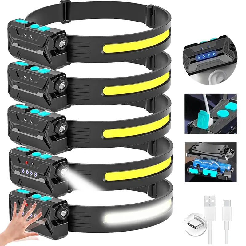 New COB Sensor Headlight LED Head Torch Type-C Charging Fishing Head Flashlight With Power Display Camping Searchlight Headlamp-WAYBIKER