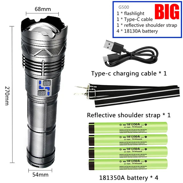 Powerful 100W LED Flashlight USB Rechargeable Zoomable lamp Torch With Built in battery 10000Mah Emergency lantern Outdoor-WAYBIKER