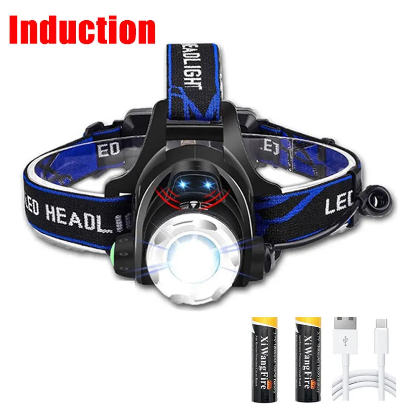 High Bright LED Induction Headlamp USB/DC Rechargeable Headlight Aluminium Alloy Zoom Head Torch Outdoor Waterproof Head Lamp-WAYBIKER