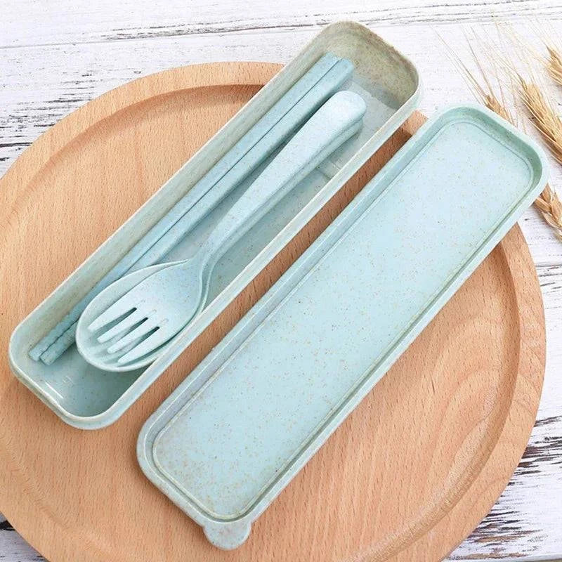 Cutlery Wheat Straw Spoon Fork Chopsticks With Box Students Tableware Travel Portable Dinnerware Kitchen Accessories-WAYBIKER