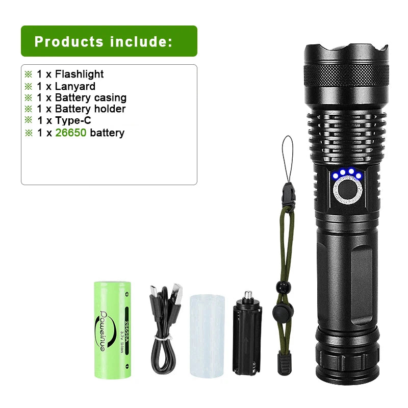 Newest Super Powerful Flashlight USB Rechargeable Torch Light High Power LED Flashlight Long Range Tactical Lantern 26650-WAYBIKER