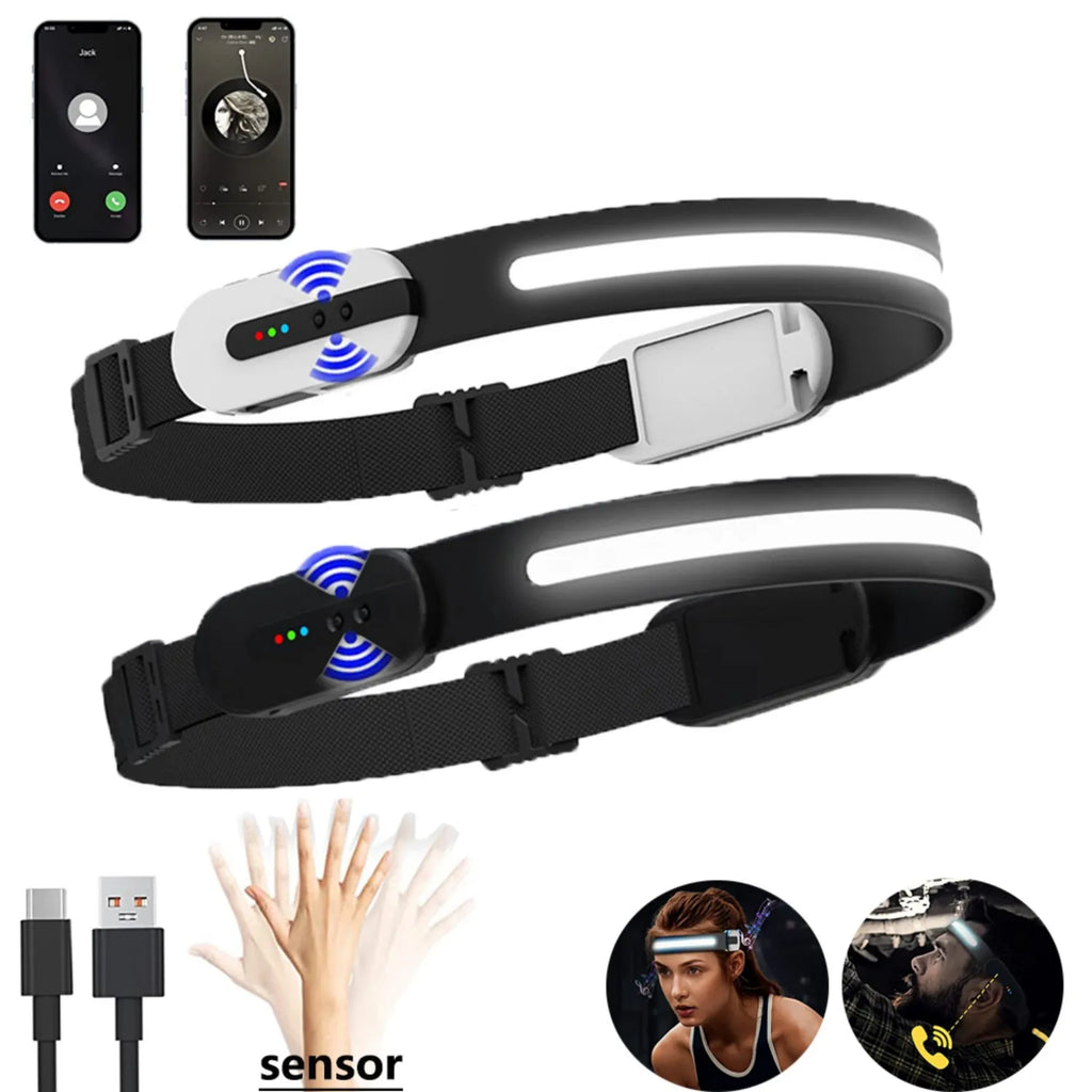 Bluetooth LED Headlamp Rechargeable Bright Headlight with Motion Sensor,Phone & Music Function Torch for Outdoor Running Camping-WAYBIKER