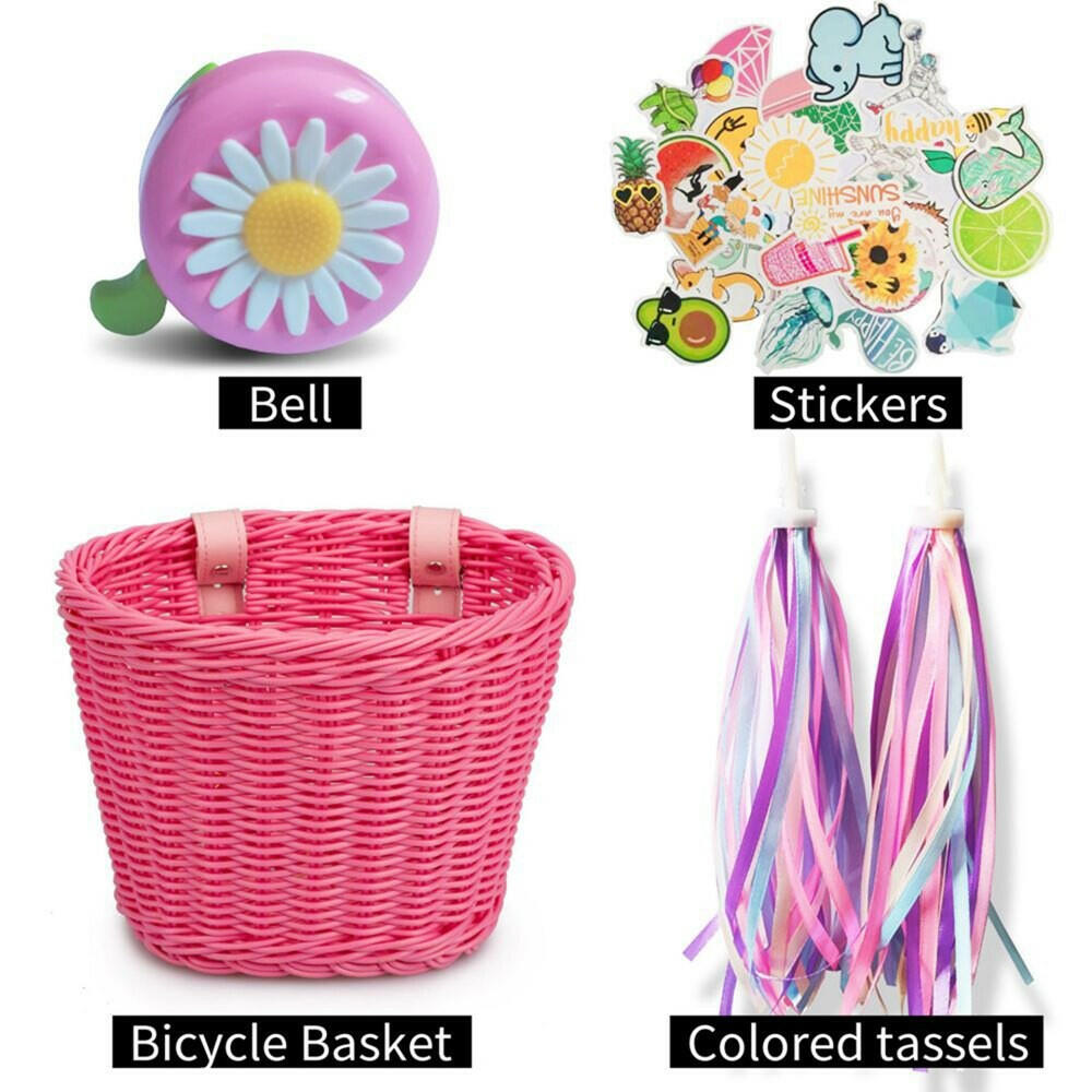 Bicycle Basket Streamers Set Bell And Stickers Girls Children's Bike Handlebar Wicker Basket with Colorful Cycling Streamers-WAYBIKER