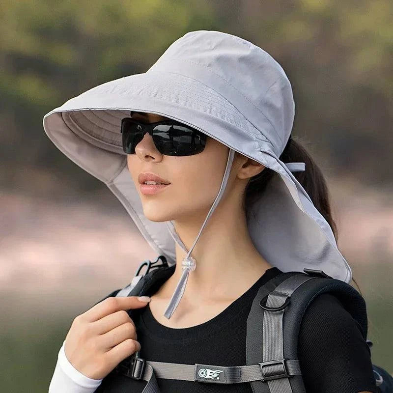 Summer Hats for Women Outdoor UV Anti Neck Protection Sun Visors for Lady Fishing Hiking Wide Brim Shawl Sunscreen Ponytail Cap-WAYBIKER