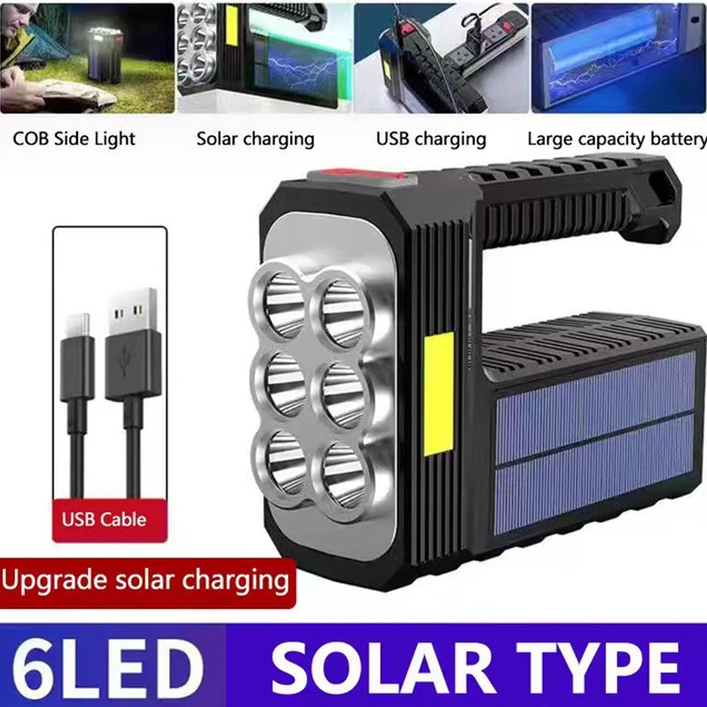 8LED and 6LED Bulbs Solar Charging Handheld Flashlight USB Charge Portable Lamp 4 Bright Lighting Modes Outdoor Searchlight-WAYBIKER