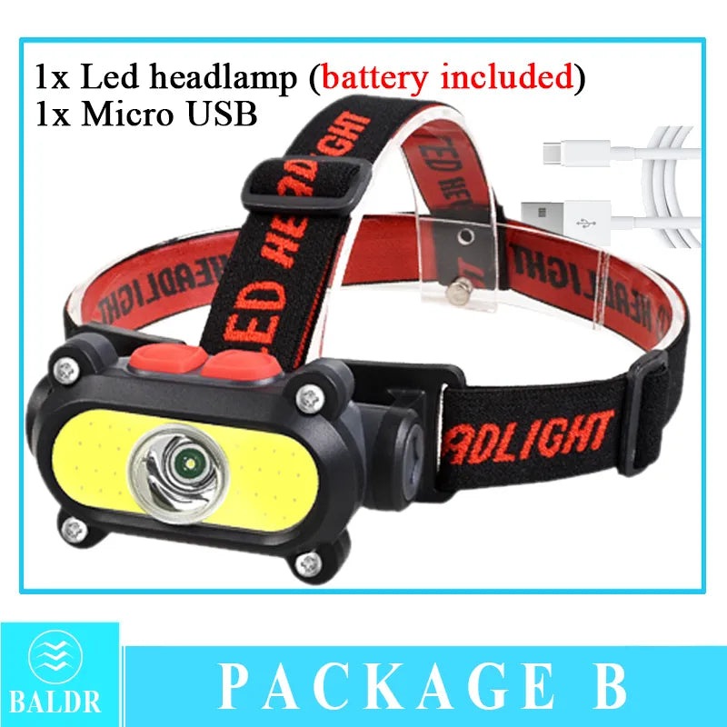 COB Induction Headlamp Multi Mode Dual Light Source lamp USB Charging Built In Battery Night Running Night Fishing torch-WAYBIKER