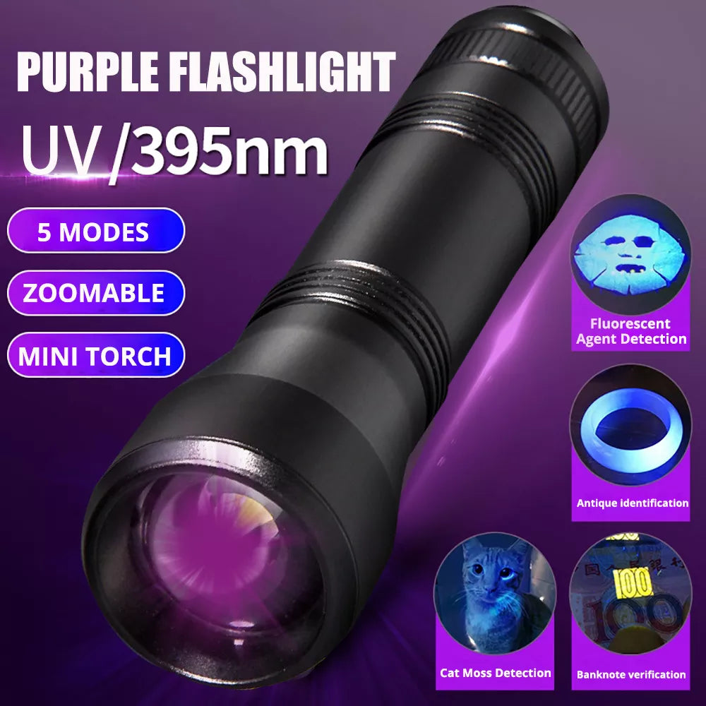 LED UV Flashlight Purple Flashlights Ultraviolet Torch Zoom 395nm Lamp Fluorescent Agent Detection UV Detection lamp with 18650-WAYBIKER