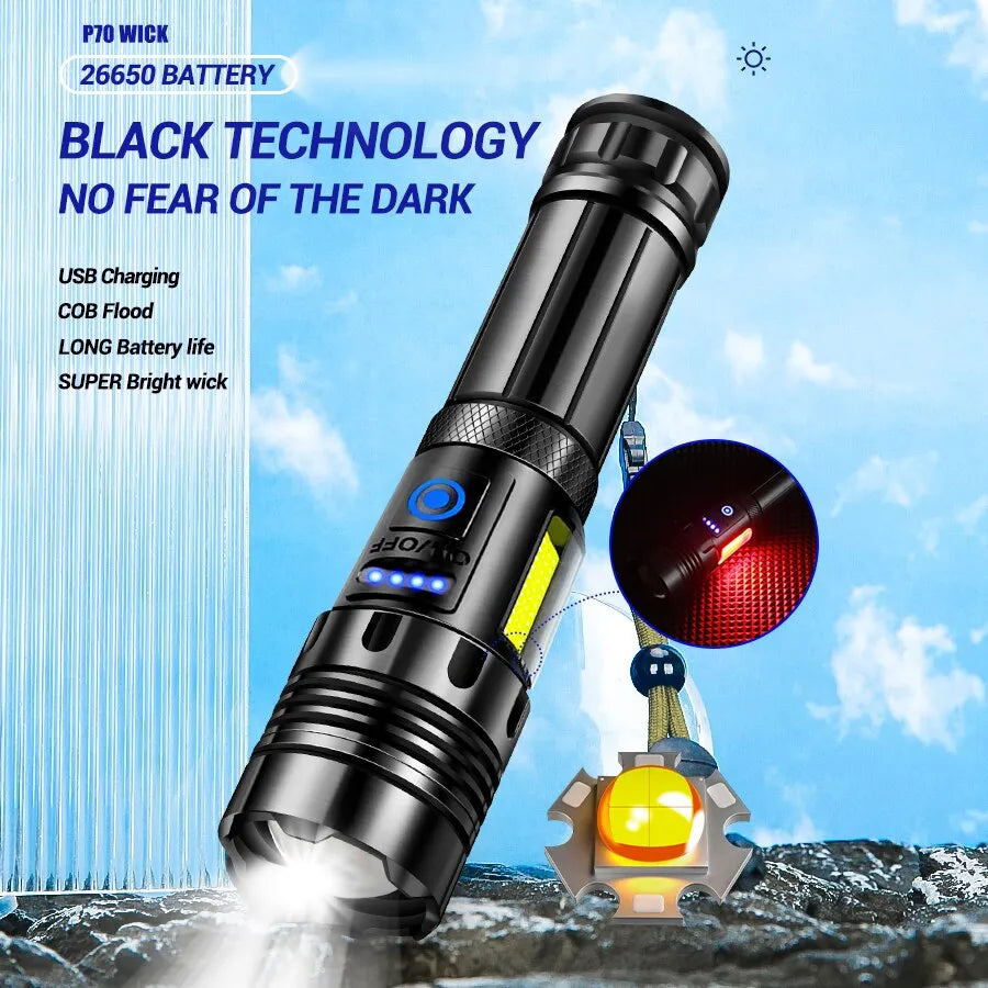 Super Bright XHP70 Powerful Led Flashlight Power Bank Torch Light USB Rechargeable Camping Tactical Flashlight with COB Lamp
