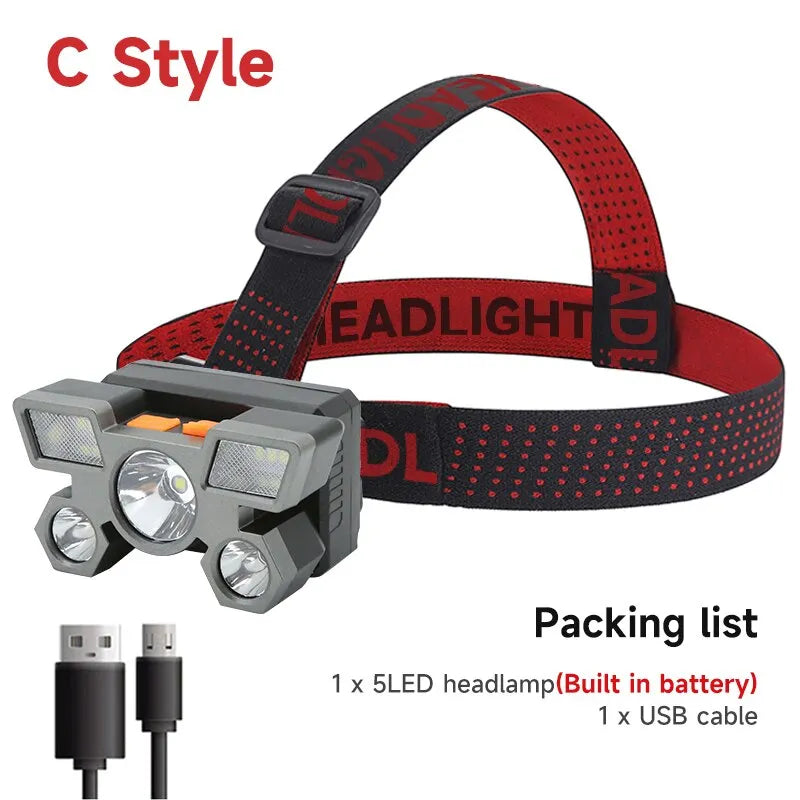 5 LED Flashlight Rechargeable with Built in 18650 Battery Strong Light Camping Adventure Fishing Head Light Headlamp-WAYBIKER