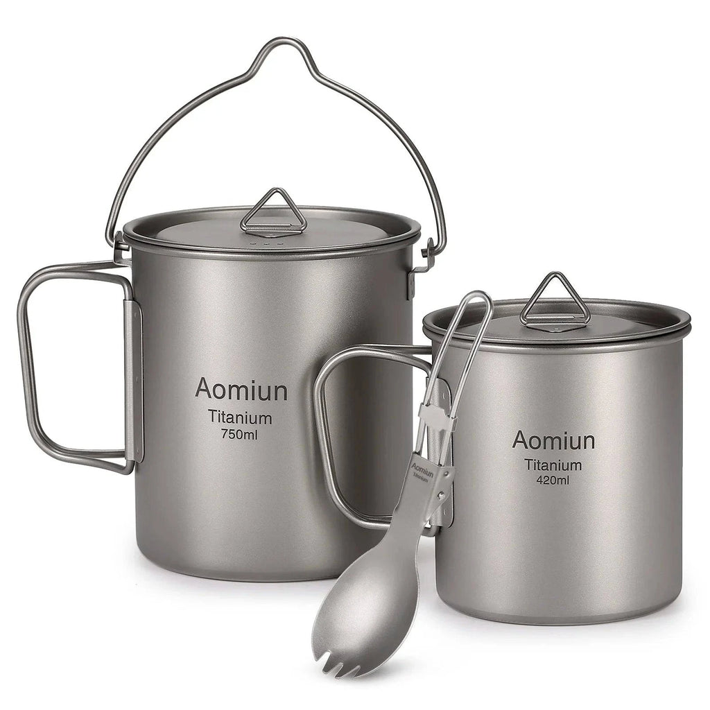 Lightweight Titanium 3 Pieces Set Titanium 750ml Pot 450ml Water Cup Mug with Lid Collapsible Handle Folding Spork for Camping-WAYBIKER
