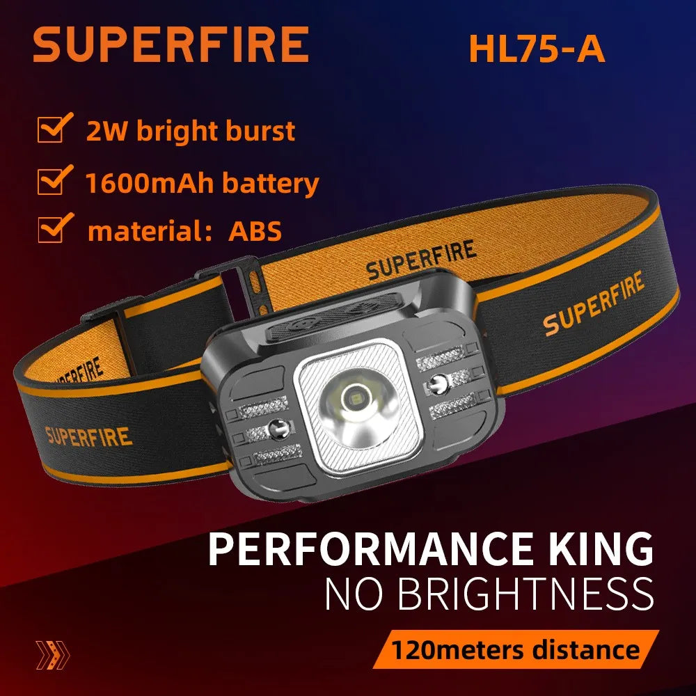 SuperFire rechargeable led headlamp Portable headlight head flashlight HL75-X Type-C Fishing Induction 7 Modes Lighting Night-WAYBIKER