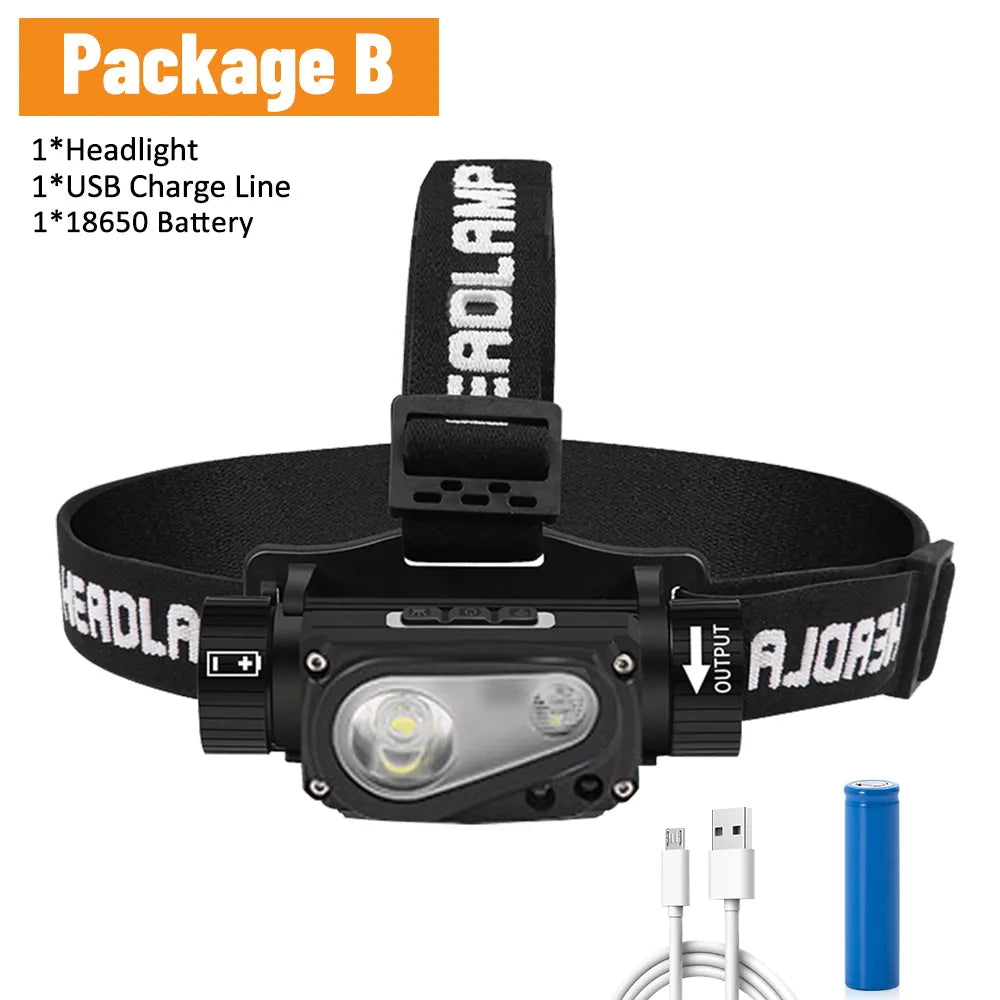 Headlamp USB Powerful LED Rechargeable 3 Modes Induction Headlight By 18650 Battery XHP50 Flashlight for Night Outdoors Camping-WAYBIKER