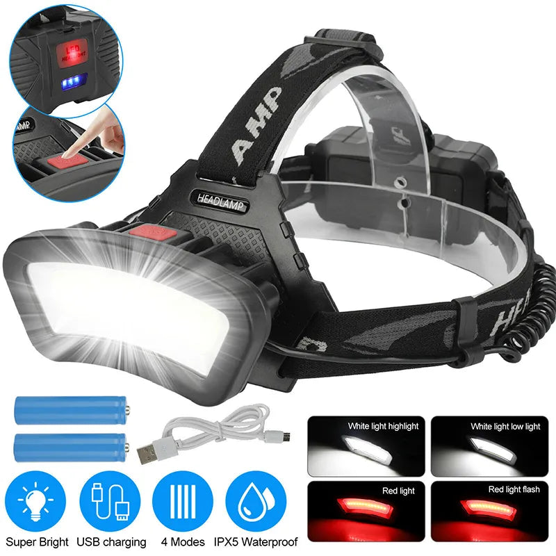 Multifunctional COB LED Wide Angle Headlight Use 2*18650 Battery USB Rechargeable Head Lamp Outdoor Waterproof Fishing Lantern-WAYBIKER