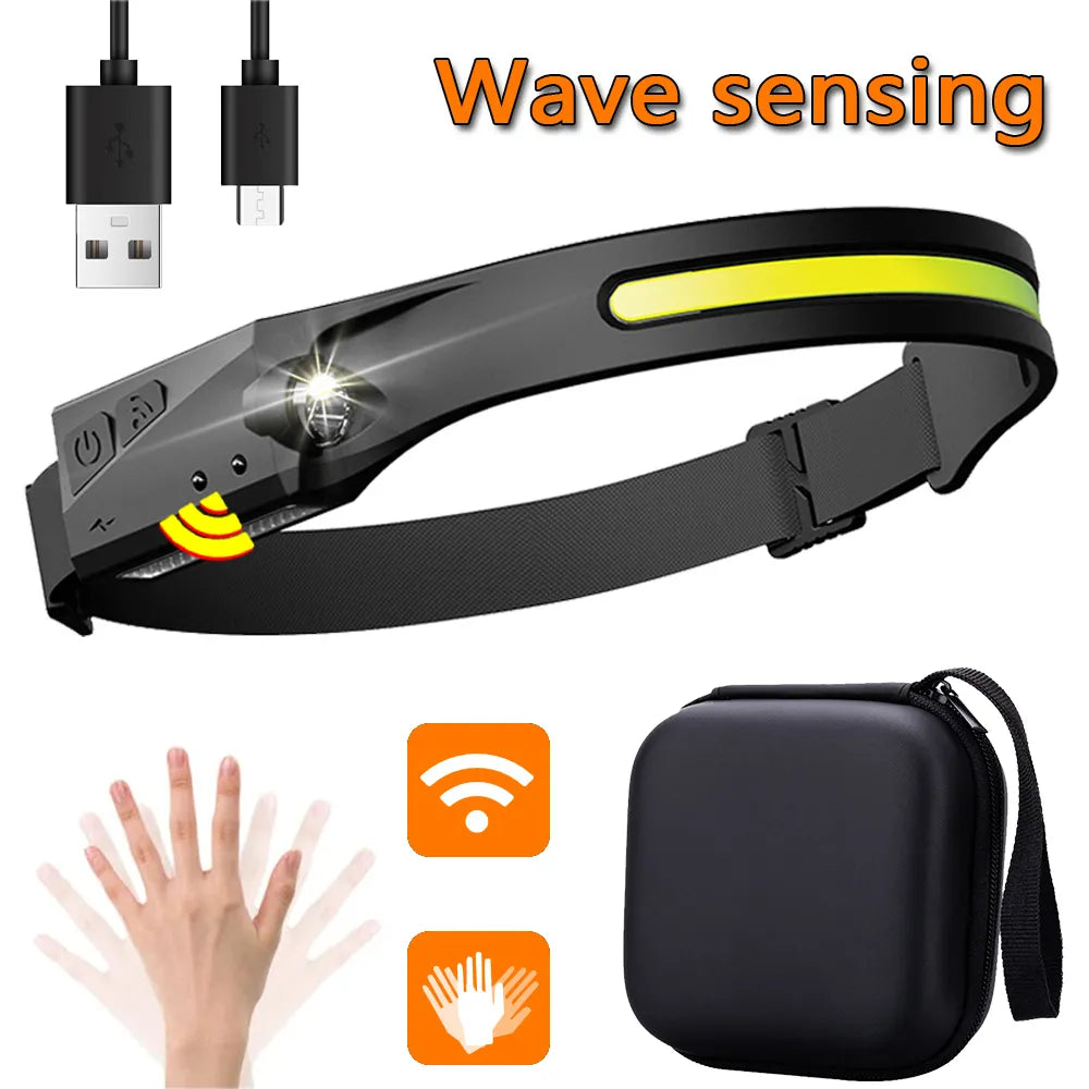 1-5PCS Induction Headlamp COB LED Head Lamp with Built-in Battery Flashlight USB Rechargeable Torch Outdoor Lighting Work Light-WAYBIKER