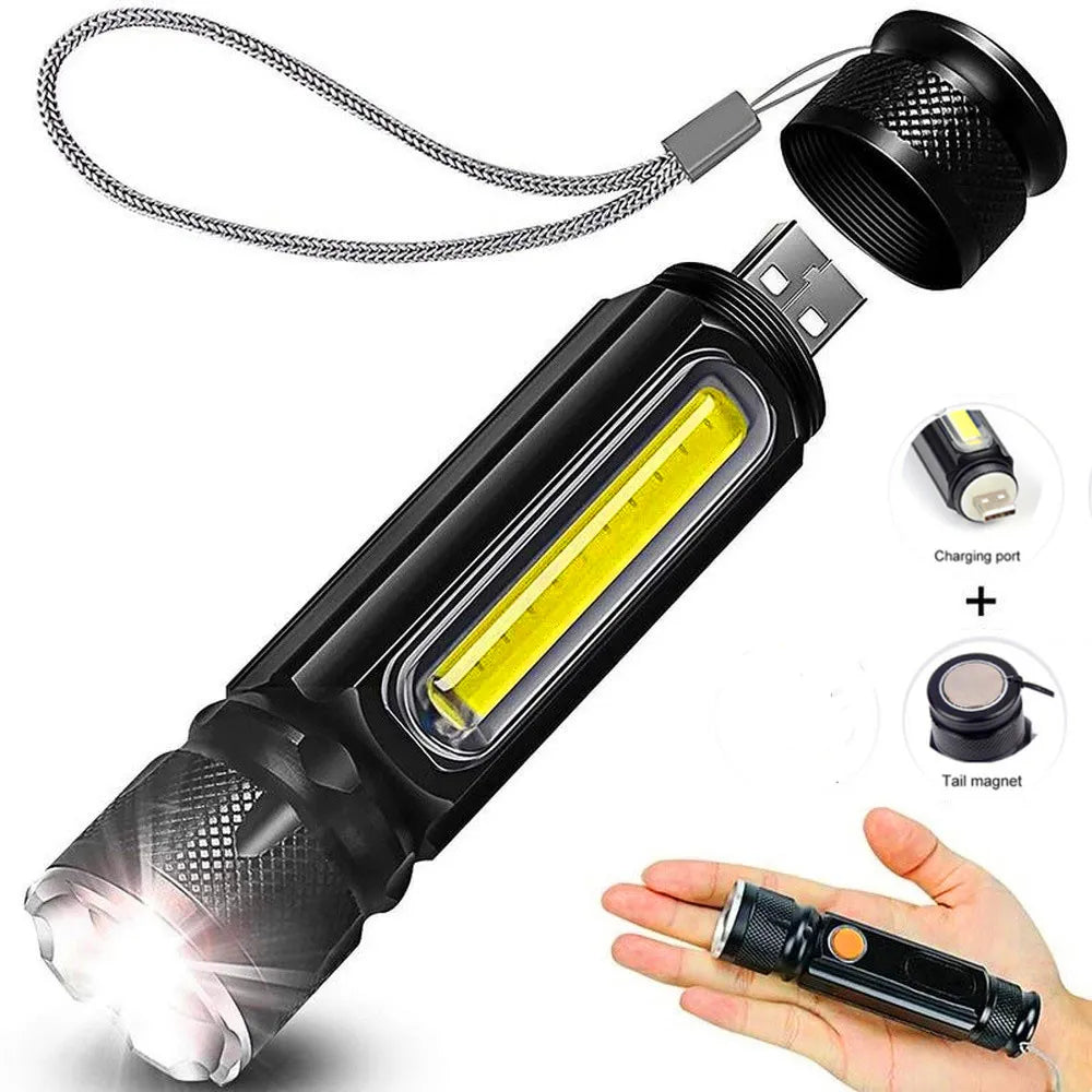 USB T6 Strong Light LED  Rechargeable Flashlight Magnetic Torch Lanter Zoomable Flashlight COB Zoom Highlight Outdoor Lighting-WAYBIKER