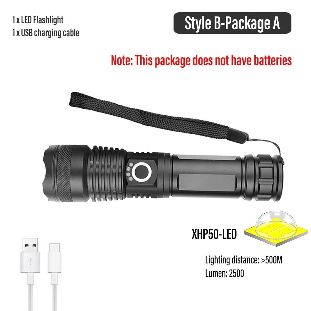 Super Bright LED Flashlight USB Rechargeable Torch Light With 30W LED Can Illuminate 1500 Meters Tactical Lantern-WAYBIKER
