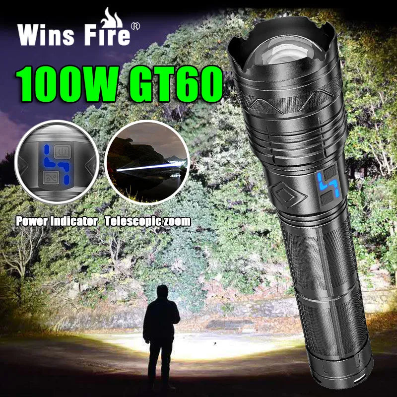 20000LM Super Bright Tactical Flashlight 100W GT60 Long Range Powerful LED Torch USB Rechargeable Using 4 181350A Batteries