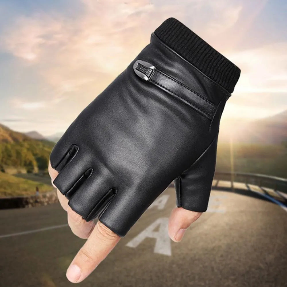 Black PU Leather Fingerless Mens Gloves Solid Button Warm Half Finger Driving Men Riding Gloves-WAYBIKER