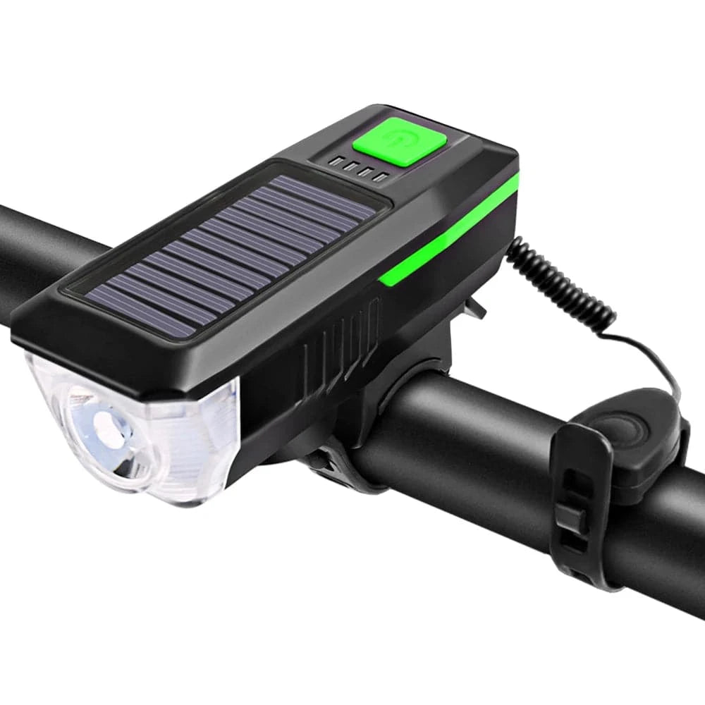 Solar USB Charging Bike Front Light Bicycle Bell Horn Lamp Waterproof Cycling Headlight with3 Lighting Modes 5 Sounds-WAYBIKER