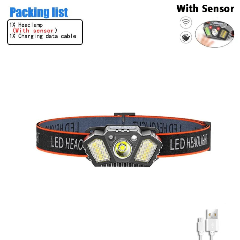 Portable Headlamp with Wave Sensor 5 Modes XPE+COB LED Red Caution Light USB Rechargeable Head Lamp For Fishing Camping Hiking-WAYBIKER