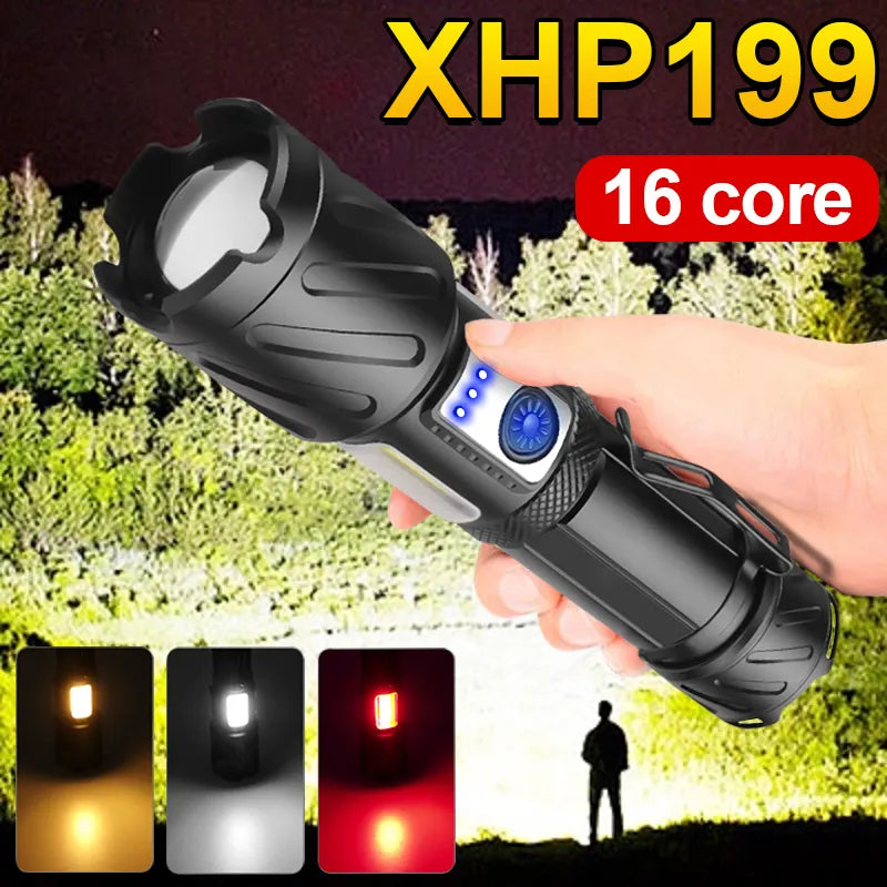 Newest XHP199 LED Powerful Flashlight USB Rechargeable Tactical Flash Light 18650 Hunting Torch Zoomable High Power LED Lantern-WAYBIKER