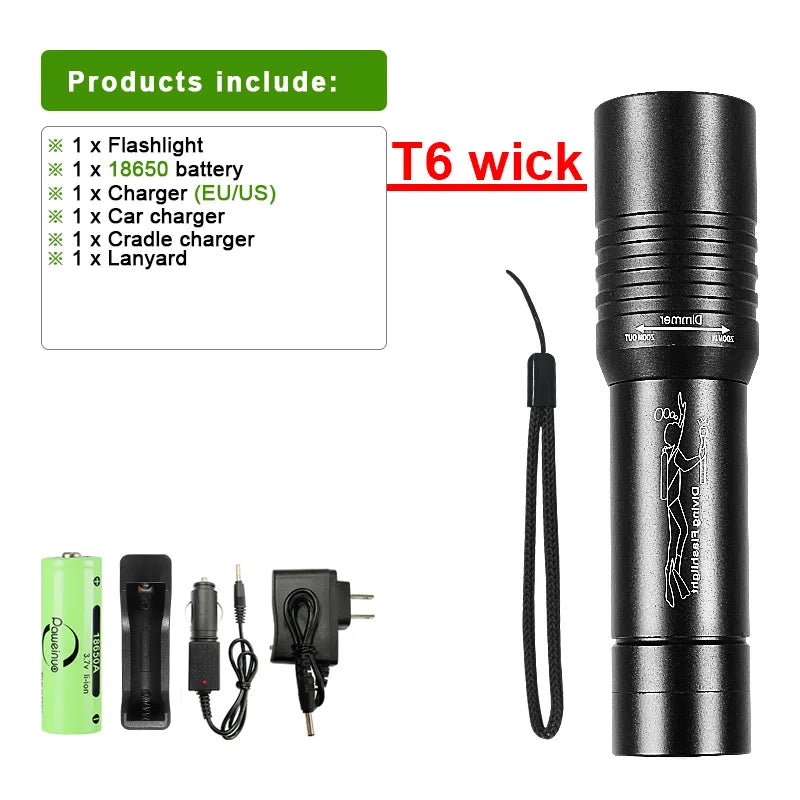 Diving 100M Underwater Lantern Led Rechargeable Portable Zoom Professional Underwater Lantern IP68 Waterproof Diving Flashlight-WAYBIKER
