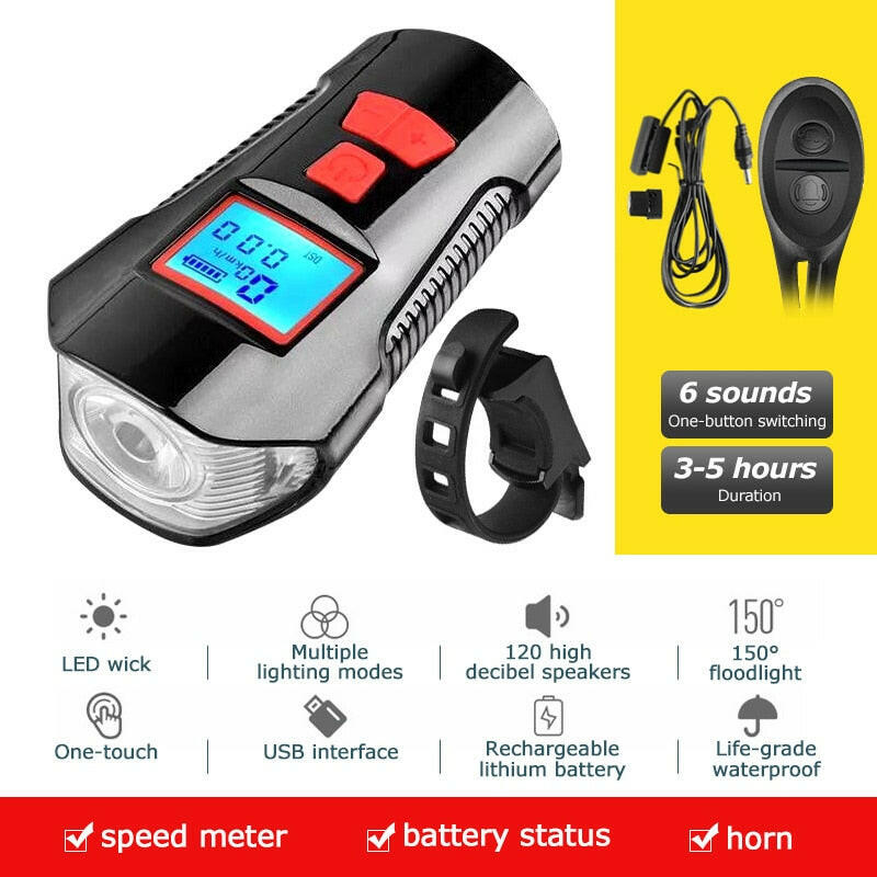 3 in 1 Waterproof Bicycle Light USB Charging Bike Front Light Handlebar Cycling Head Light / Horn Speed Meter LCD Screen-WAYBIKER