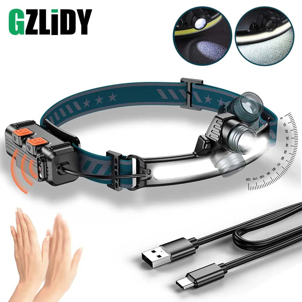 IR Sensor LED Headlamp Powerful XPG+COB Headlight 2000mAh 18650 USB Head Lamp Portable Floodlight Flashlight Waterproof Lantern-WAYBIKER