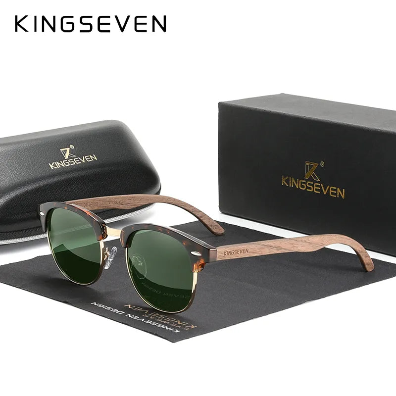 KINGSEVEN 2023 Quality Upgrade Walnut Wooden Sunglasses Men Polarized Semi-Rimless UV400 Protection Retro Eyewear Women-WAYBIKER