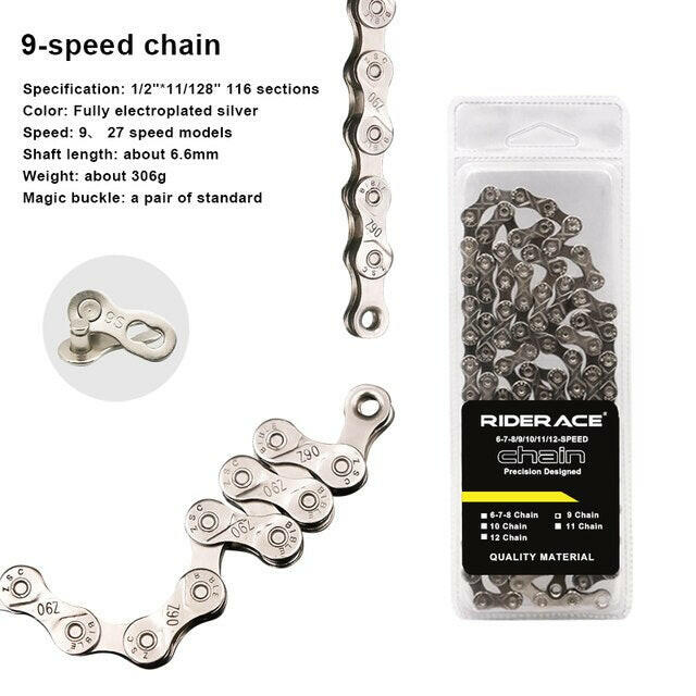RIDERACE Bicycle Chain 116L 8 9 10 11 12 Speed Silver Ultralight Mountain Road Bike Chain For 24/27/30 Variable Speed Chain-WAYBIKER