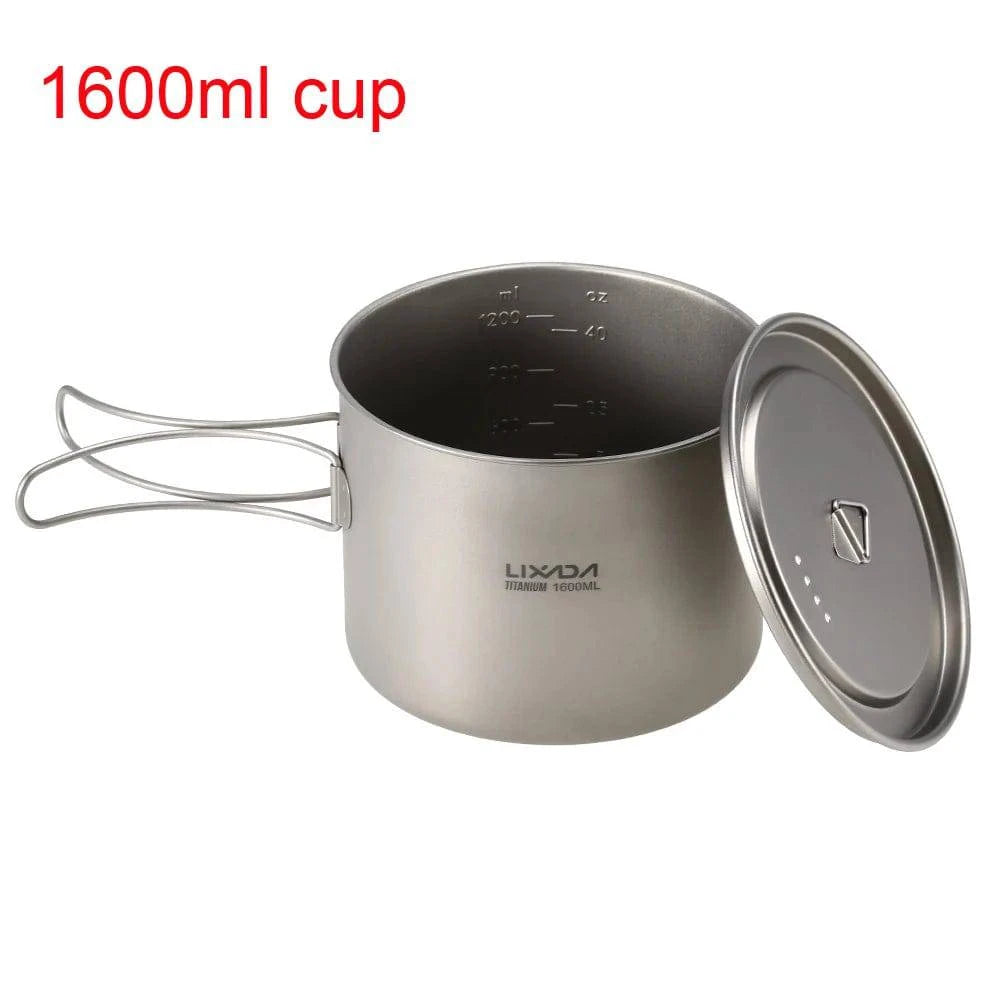 900ml/1600ml Titanium Pot Cup Hanging Camping Pot Portable Water Cup with Lid Foldable Handle Outdoor Tableware Picnic Cookware-WAYBIKER