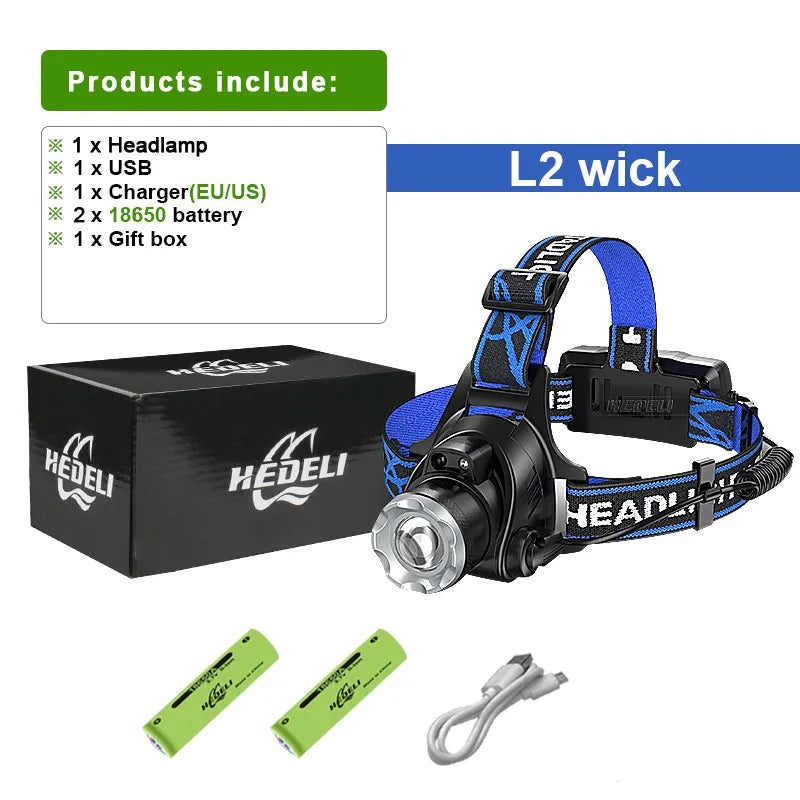 IR Sensor L2 High Powerful Led Headlamp T6 Zoomable Headlight Rechargeable Head Light 18650 XHP90 Head Lamp for Fishing Hunting-WAYBIKER
