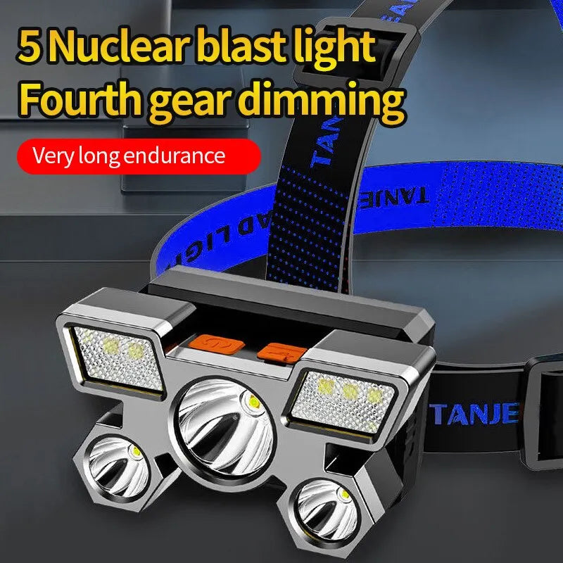 Strong Light Headlight Led Five Head Aircraft Lamp USB Rechargeable Head Mounted Small Flashlight Outdoor Mine Lamp Headlight-WAYBIKER