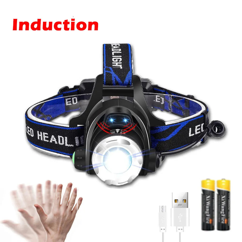 Powerful LED Induction Headlamp USB/DC Rechargeable Headlight Aluminium Alloy Outdoor Waterproof Head Lamp High Lumen Head Torch