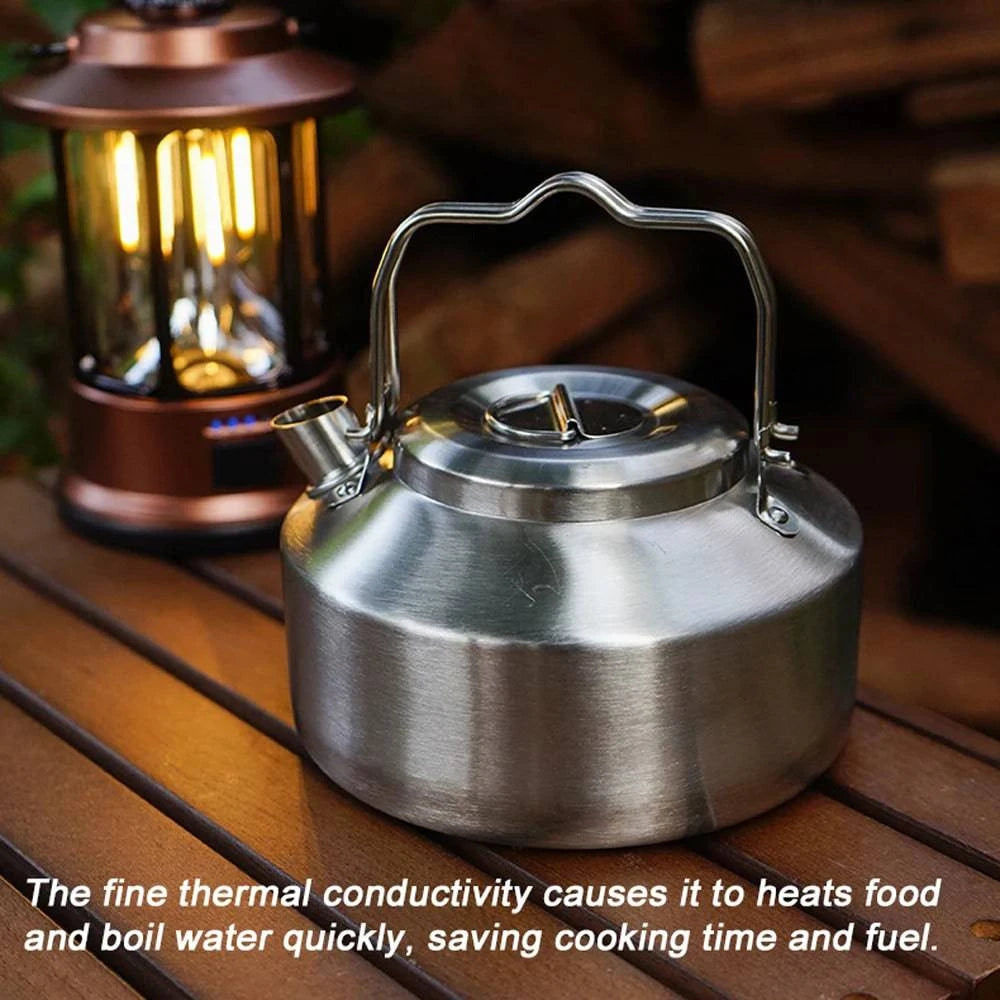 Outdoor Stainless Steel Kettle Locking Handle Camping Hung Pot Portable Coffee Pot Picnic Cooker 1L Teapot Cooking Accessory-WAYBIKER