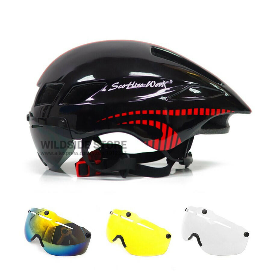 New Bicycle Helmet With Glasses 4 Lens Colors Ultralight MTB Road Bike Helmet 57-61cm Adults Goggleses Casco Ciclismo Black Blue-WAYBIKER