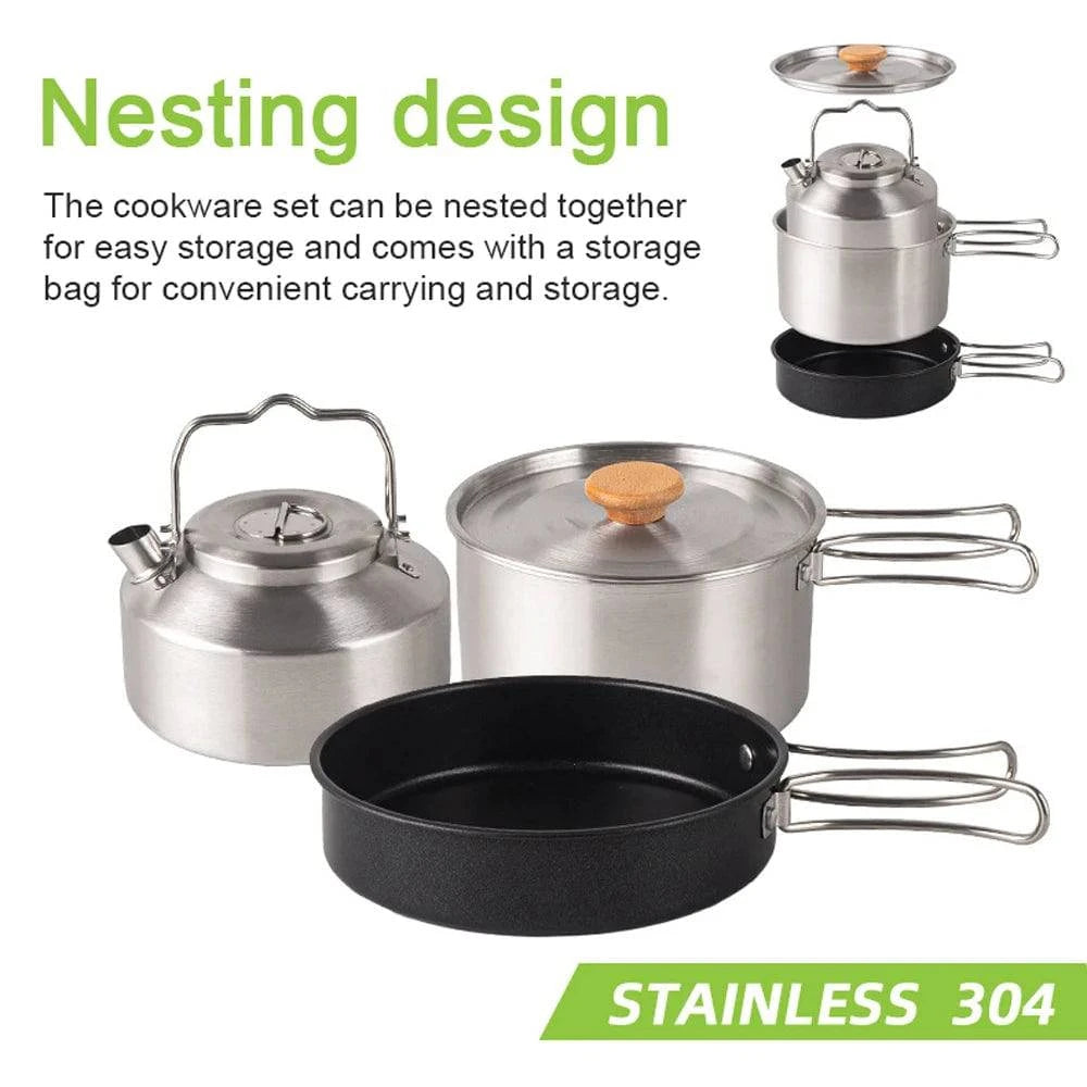 Camping Hiking Cookware Set Outdoor Portable Picnic Cookware Kit Stainless Steel Pot Frying Pan Kettle Travel Cooking Accessory-WAYBIKER