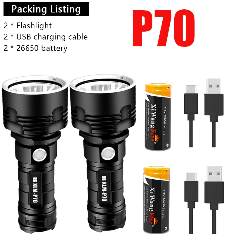 Super Bright L2 P70 LED Flashlight High Power Built-in 26650 Battery USB Rechargeable Aluminum Alloy Waterproof  Torch-WAYBIKER