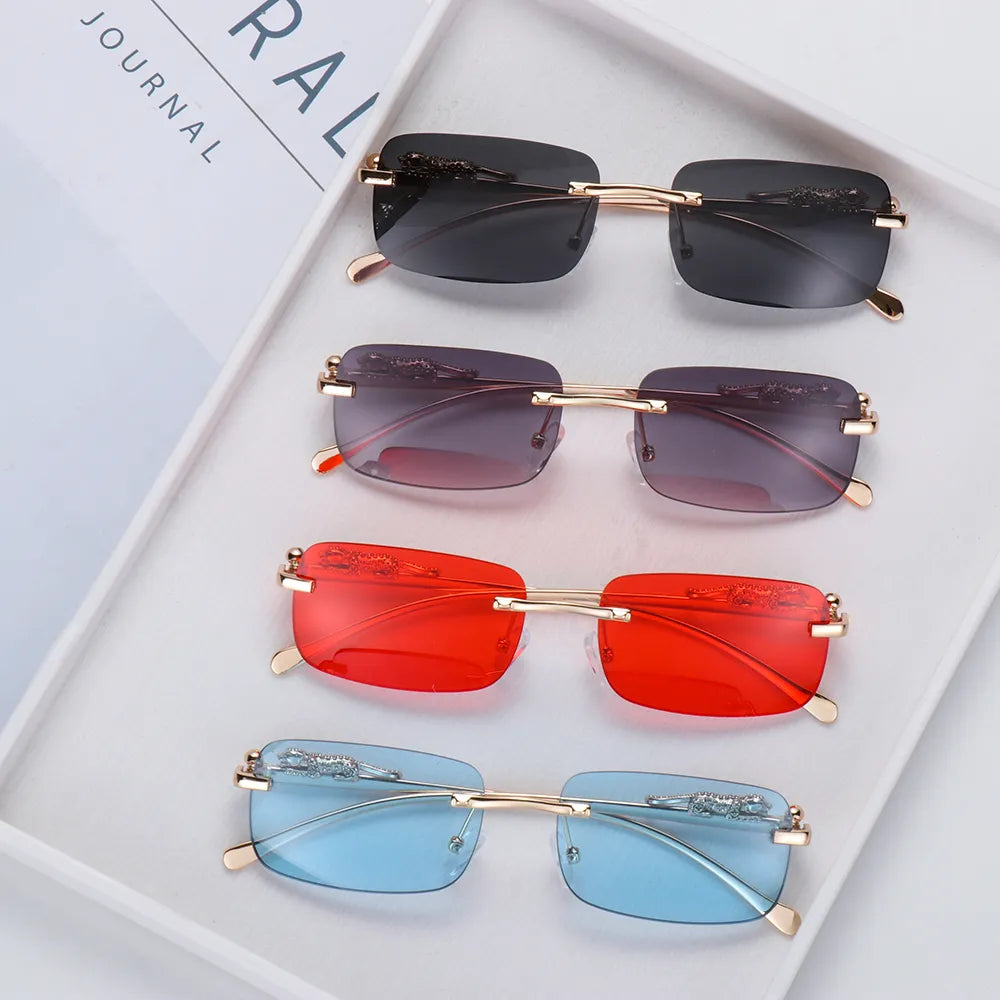 Fashion Retro Rimless Rectangle Sunglasses Cheetah Decoration Eyewear Ocean Lens Sun Glasses Women Men Sun Glasses Shades UV400-WAYBIKER