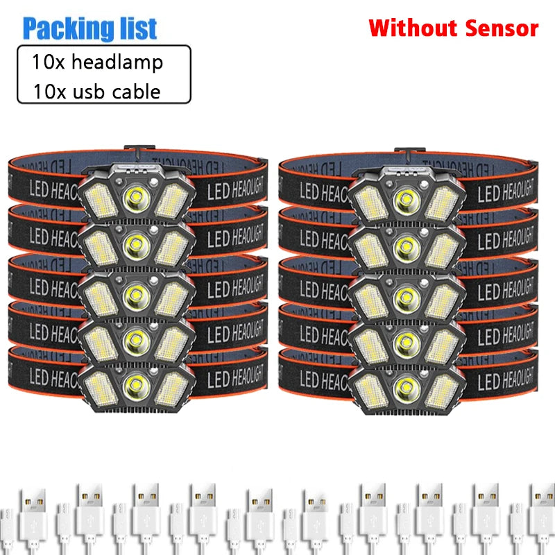 Portable Headlamp with Wave Sensor 5 Modes XPE+COB LED Red Caution Light USB Rechargeable Head Lamp For Fishing Camping Hiking-WAYBIKER