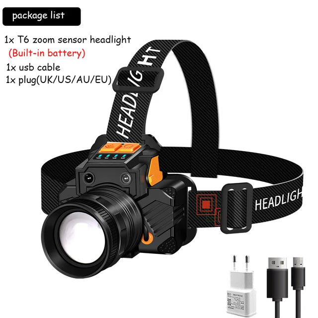 T6 LED Sensor Headlight High Power Rotary Zoom Headlamp Built-in Battery USB Rechargeable Waterproof Outdoor Camping Flashlight-WAYBIKER