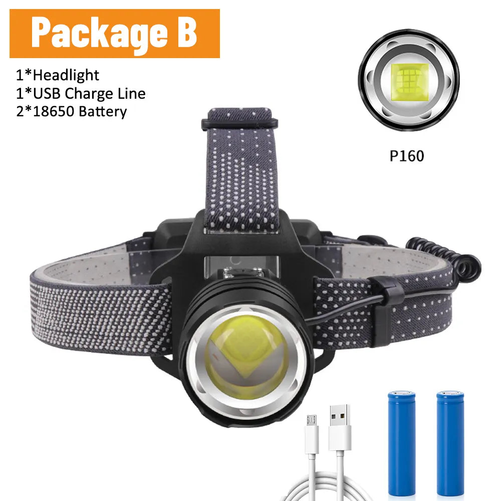 Headlamp USB Rechargeable Head Lamp P160/P50 Headlight with 4 Modes and Adjustable Headband for Camping Hiking Outdoors Hunting-WAYBIKER