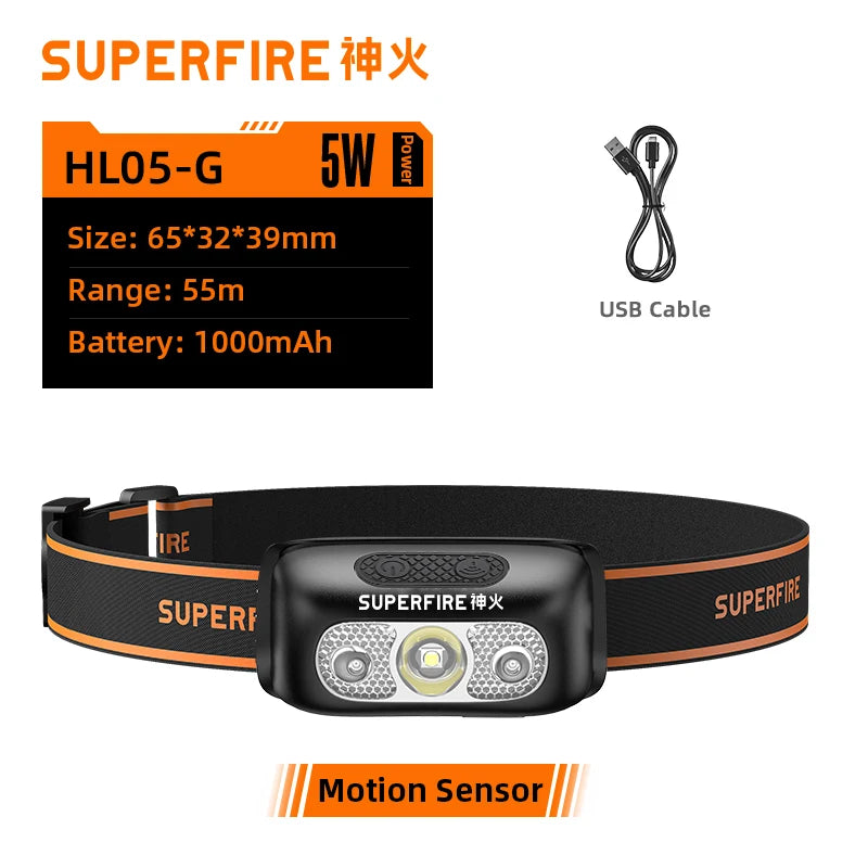 Superfire HL05-G LED Headlamp 5W Headlight USB Rechargeable Flashlight Motion Sensor Camping Fishing head lamp Mini Lantern-WAYBIKER
