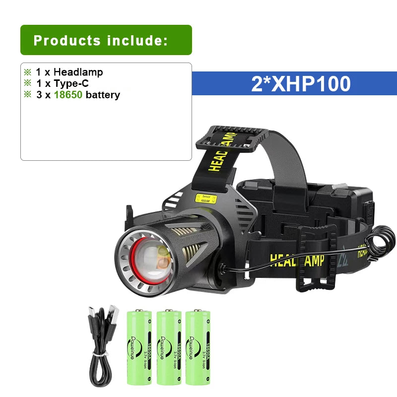 New Upgrade 2*XHP100 Powerful LED Headlamp Sensor Headlight Flashlight High Power Rechargeable Head Lamp Camping Fishing Lantern-WAYBIKER