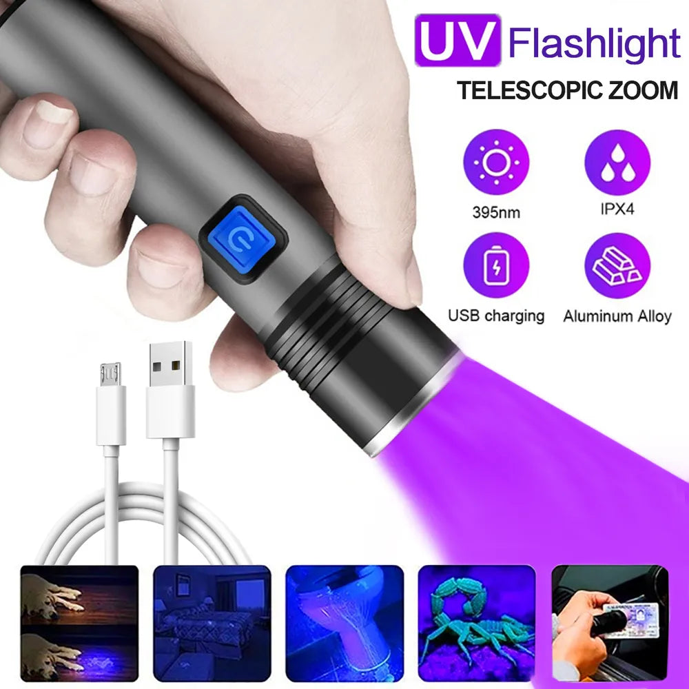 Rechargeable LED UV Flashlight Ultraviolet Torch Zoomable Mini 395nm UV Black Light Pet Urine Stains Detector Scorpion Hunting-WAYBIKER
