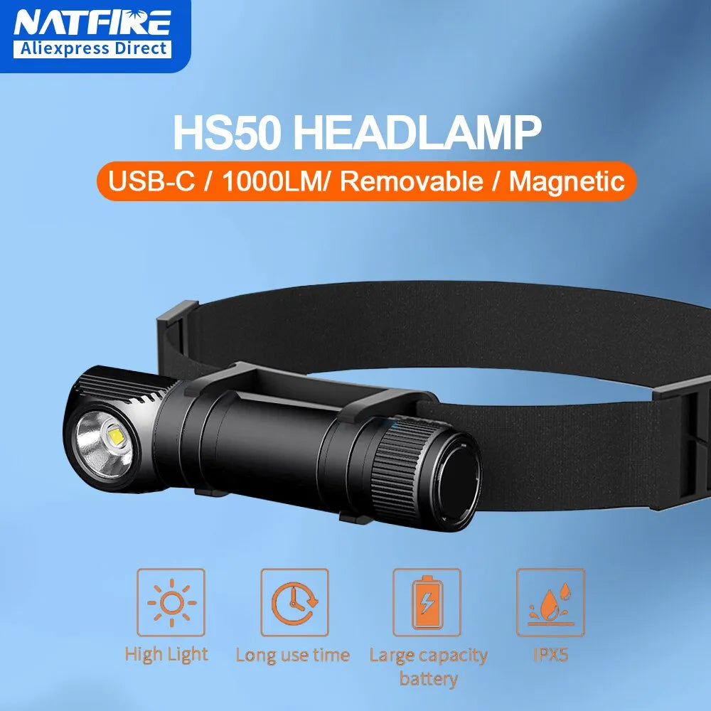 NATFIRE HS50 Headlamp Rechargeable 3400mAh Headlight 1000LM LED USB C Rechargeable Magnetic Tail Work Camp Light-WAYBIKER