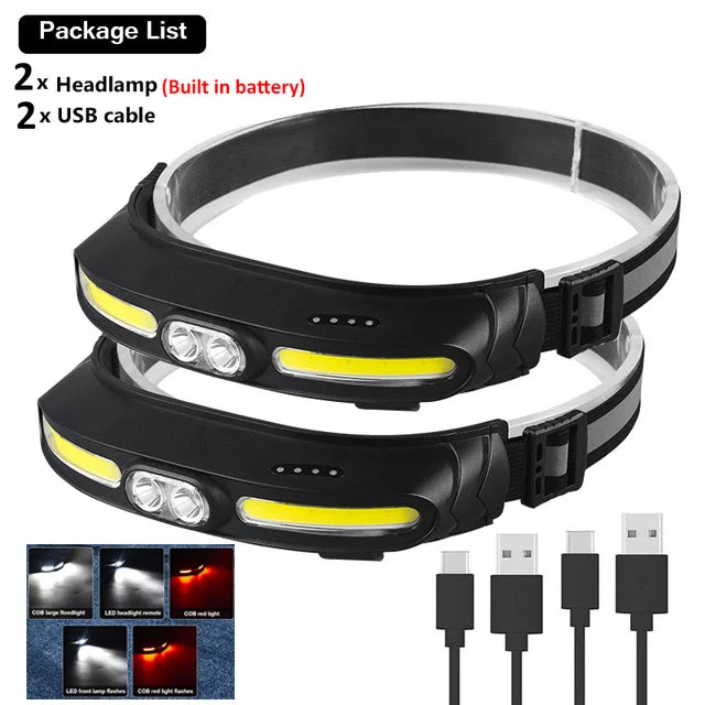 Professional COB Rechargeable Headlamp With Built-in Battery Headlights 4 Modes Led Head Flashlights For Camping Fishing Lantern-WAYBIKER
